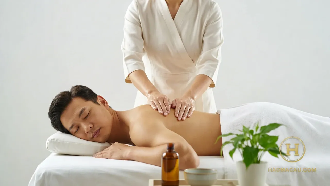 澳門上門按摩－精油舒壓，身穿米色亞麻制服的按摩師以精油長推